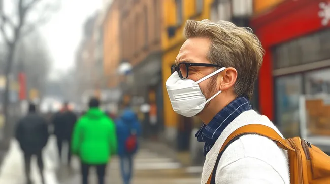 Mann mit Schutzmaske in belebter Stadtstraße