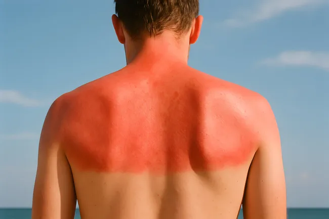 Mann mit starkem Sonnenbrand am Rücken nach Strandtag