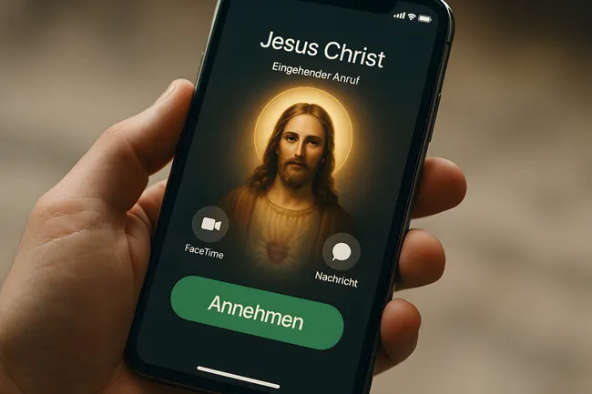 Mann mit Strahlenkranz auf Smartphone-Display