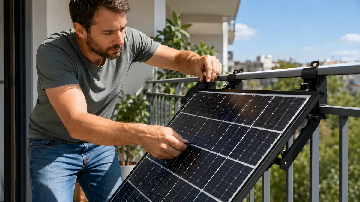 Mann montiert Solarpanel an Balkongeländer
