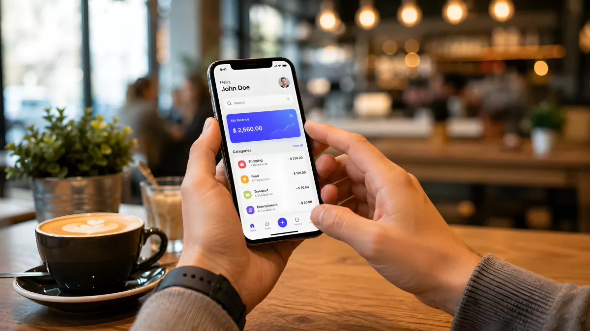 Mann nutzt Finanz-App im Café mit Kaffee