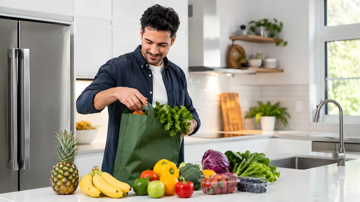 Mann packt frisches Gemüse und Obst in der Küche aus