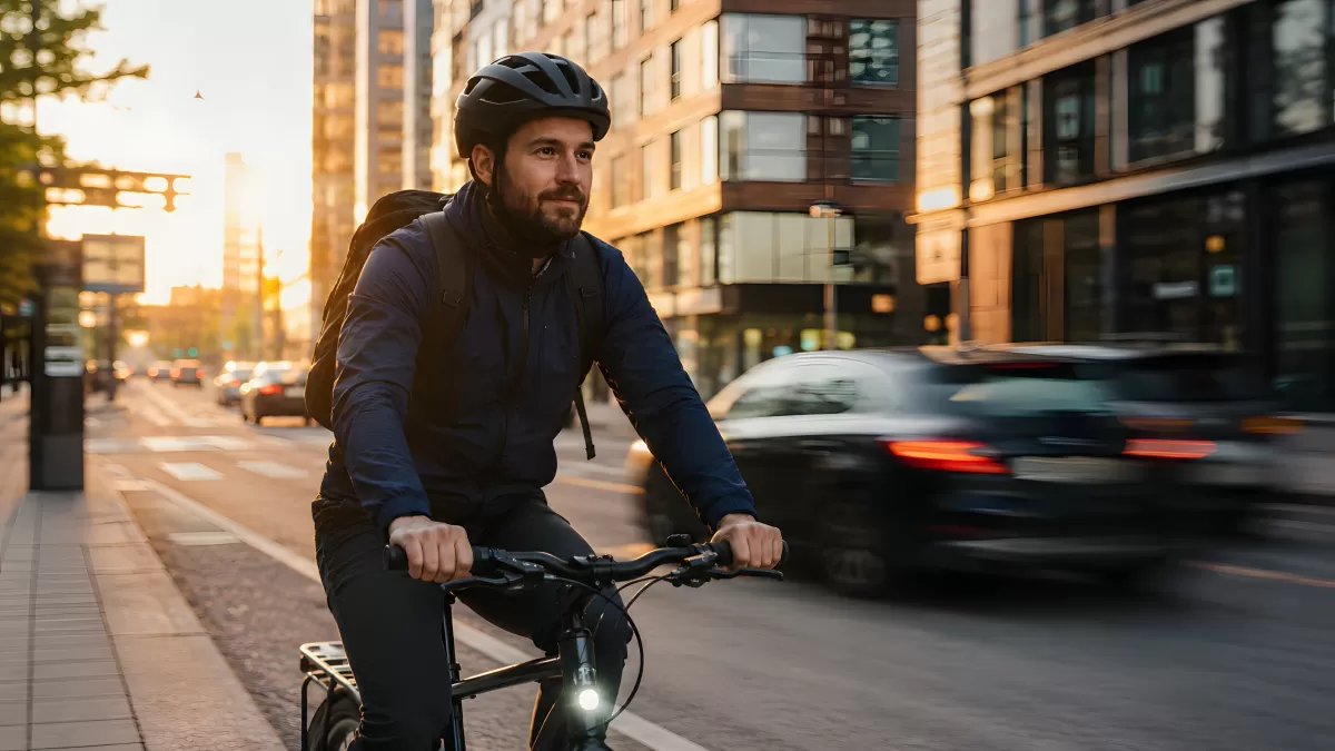 Mann pendelt mit Fahrrad durch die Stadt im Sonnenuntergang