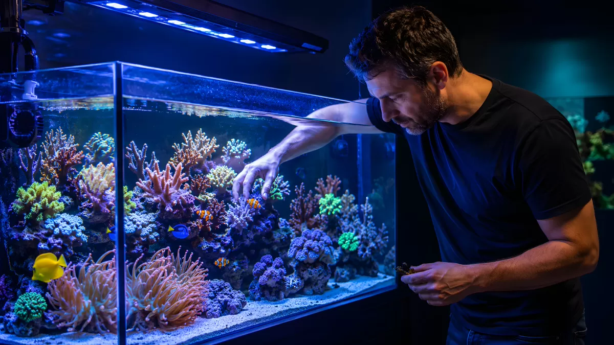 Mann pflegt buntes Meerwasseraquarium mit Korallen