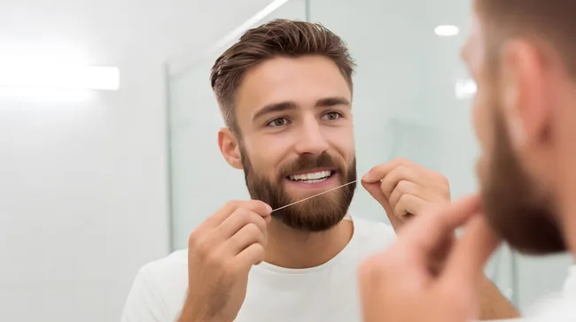 Mann pflegt seinen Bart mit Zahnseide vor Spiegel