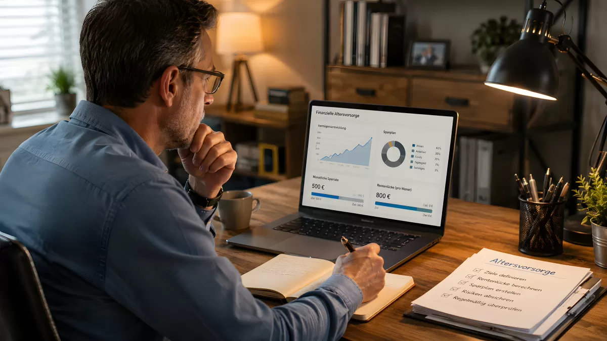 Mann plant Altersvorsorge am Laptop mit Finanzcharts