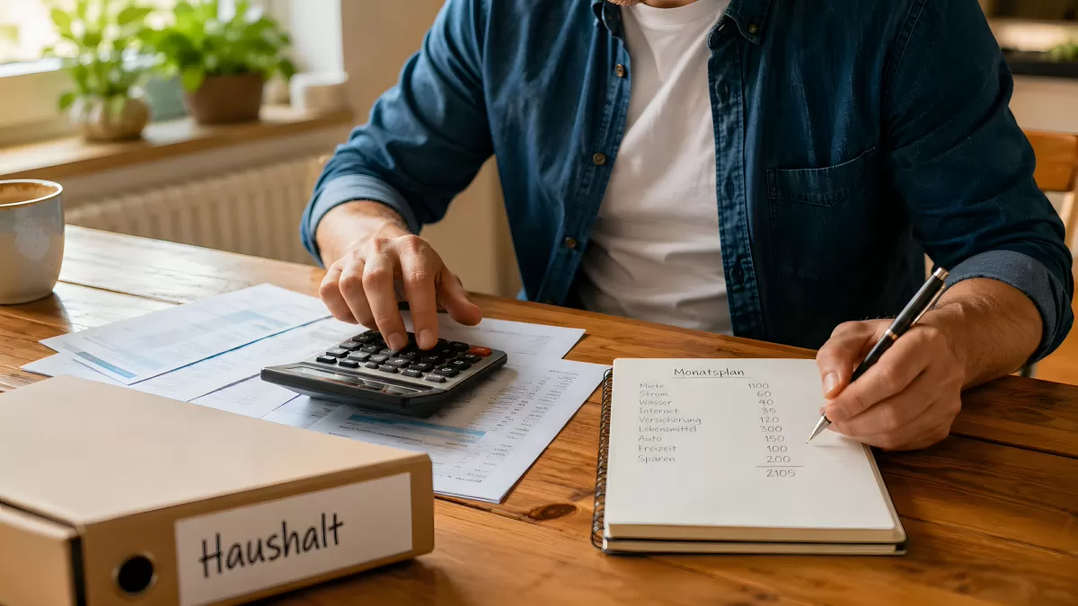 Mann plant Haushaltsbudget mit Taschenrechner und Notizen