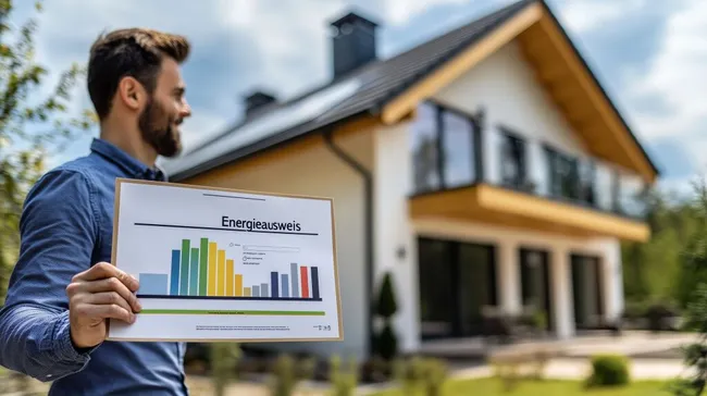 Mann präsentiert Energieausweis für energieeffizientes Zuhause