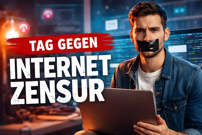Mann protestiert gegen Internetzensur mit Laptop
