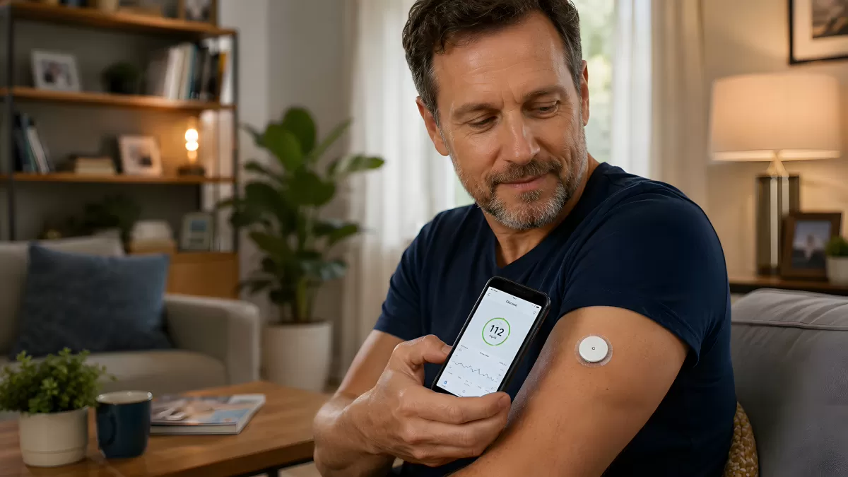 Mann prüft Blutzucker mit CGM-Sensor und Smartphone