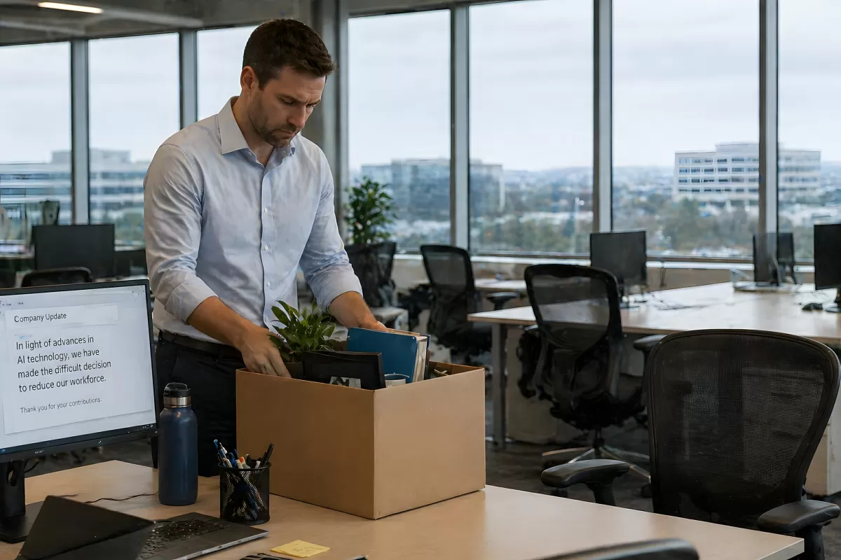 Mann räumt Büro nach Kündigung durch KI-Stellenabbau