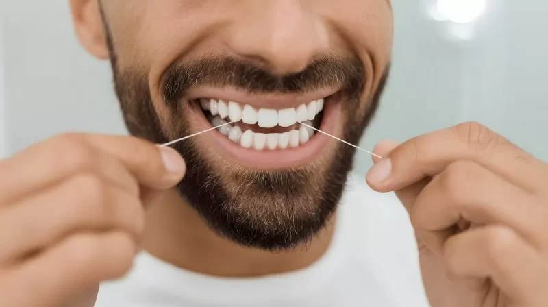 Mann reinigt weiße Zähne mit Zahnseide aus nächster Nähe
