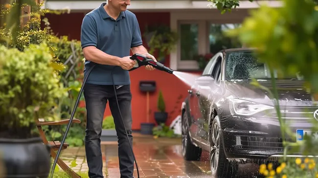 Mann säubert Autokörper mit Hochdruckreiniger