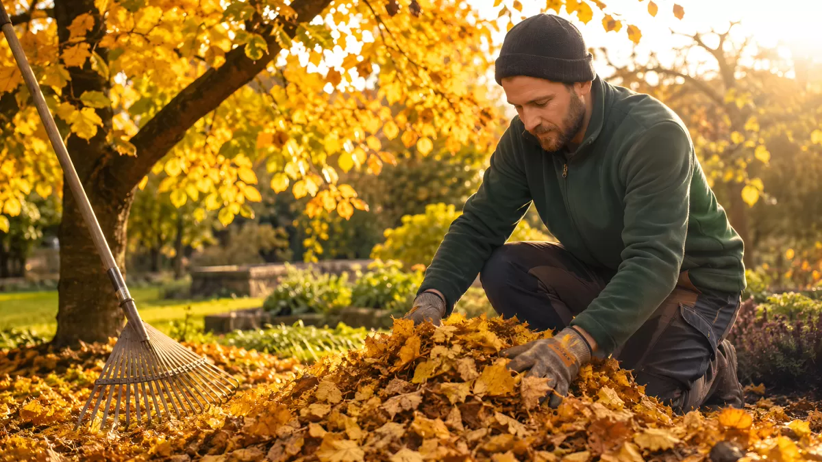 Mann sammelt Herbstlaub im goldenen Garten