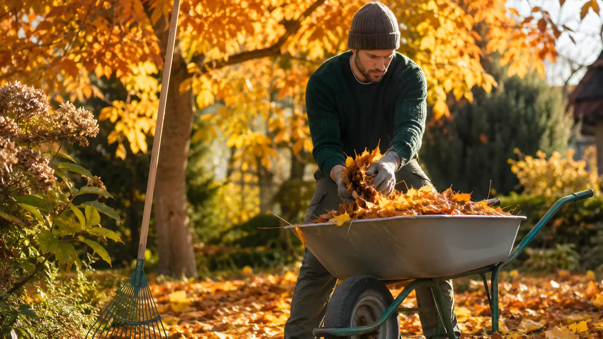 Mann sammelt Herbstlaub in Schubkarre im Garten