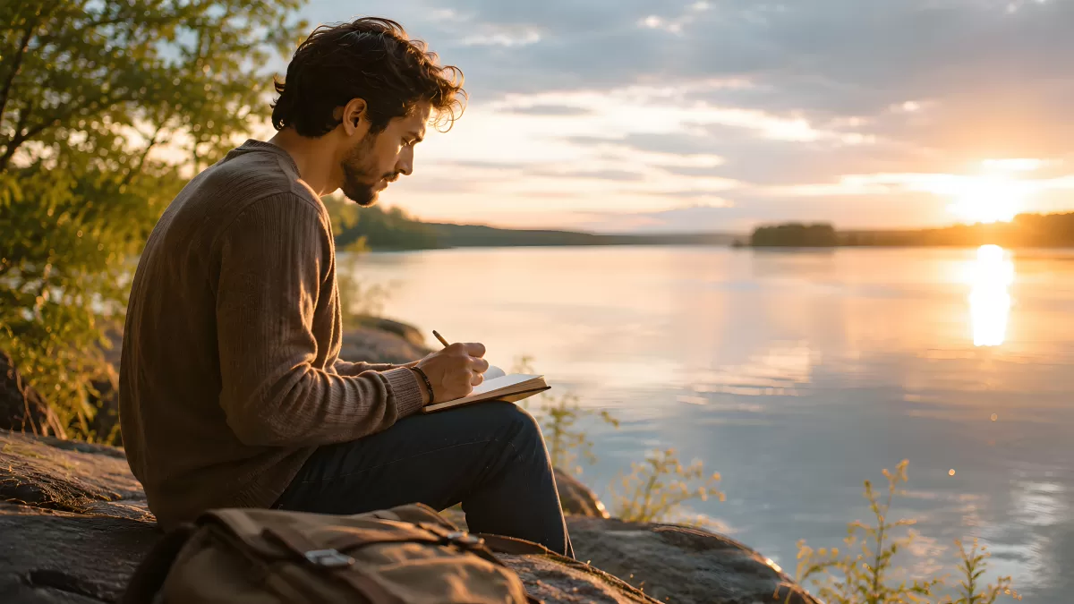 Mann schreibt in Notizbuch am See beim Sonnenuntergang