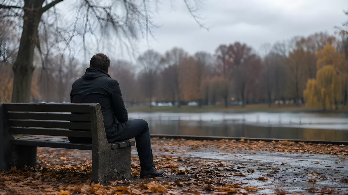 Mann sitzt allein auf Bank im herbstlichen Park
