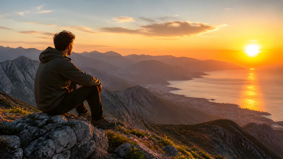 Mann sitzt auf Berggipfel beim goldenen Sonnenuntergang
