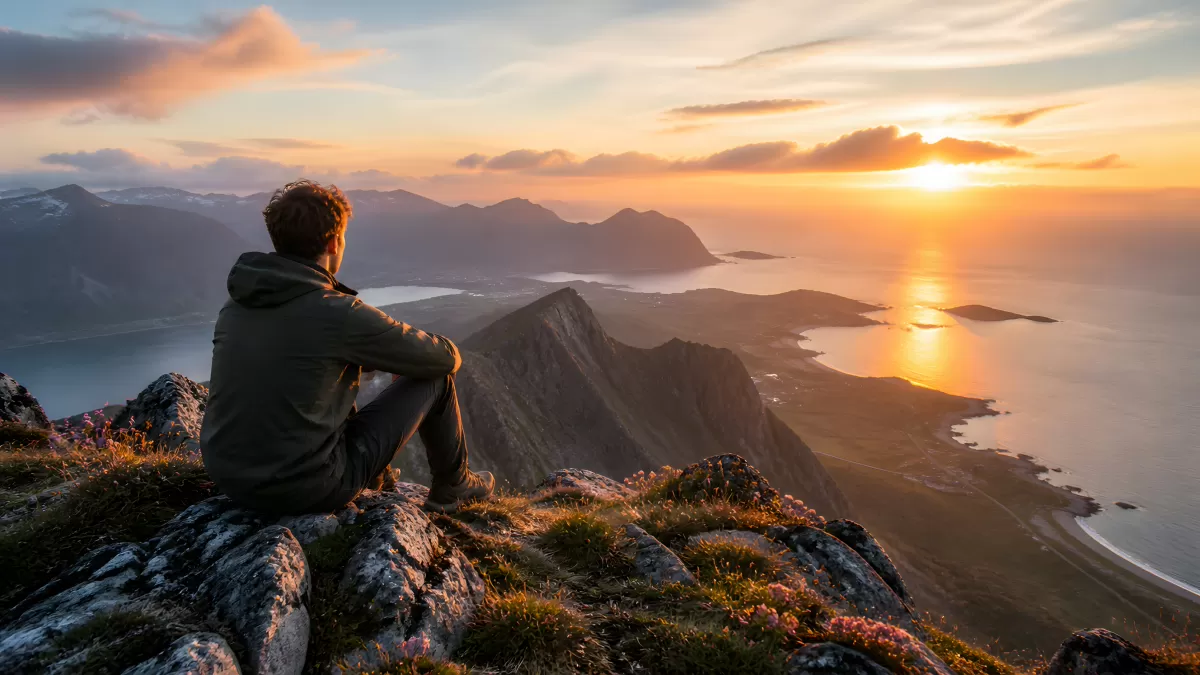 Mann sitzt auf Berggipfel und blickt in den Sonnenuntergang