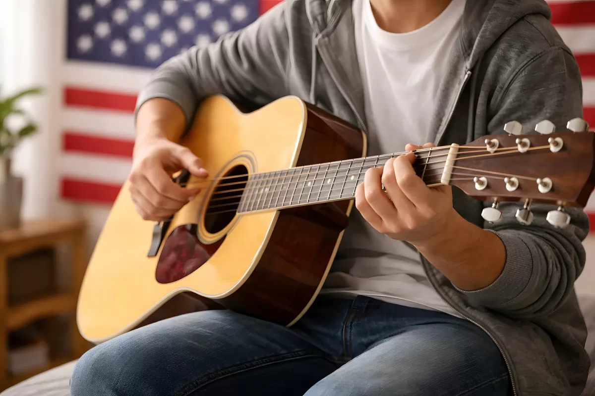 Mann spielt Akustikgitarre vor amerikanischer Flagge