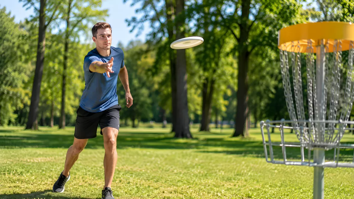 Mann spielt Discgolf im sommerlichen Stadtpark