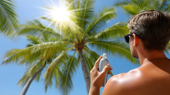 Mann sprüht Sonnencreme an sonnigem Palmenstrand