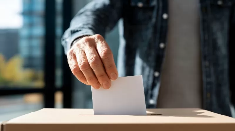 Mann steckt Stimmzettel in Wahlurne mit Tageslicht