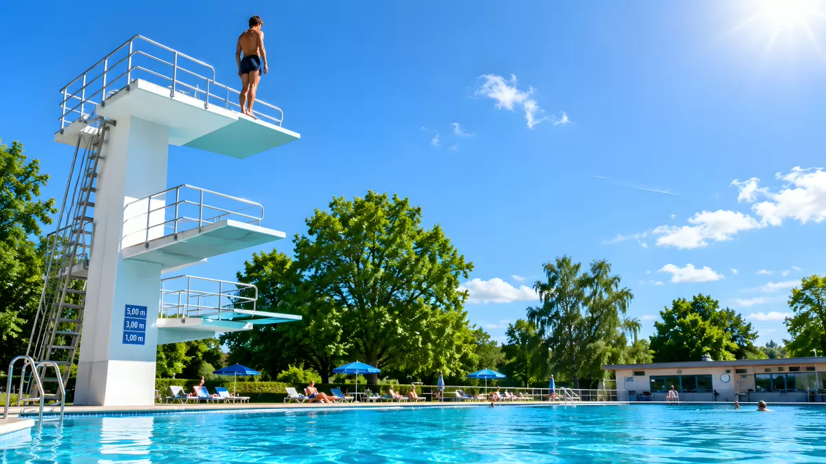 Mann steht auf dem Sprungturm am Freibad an einem Sommertag