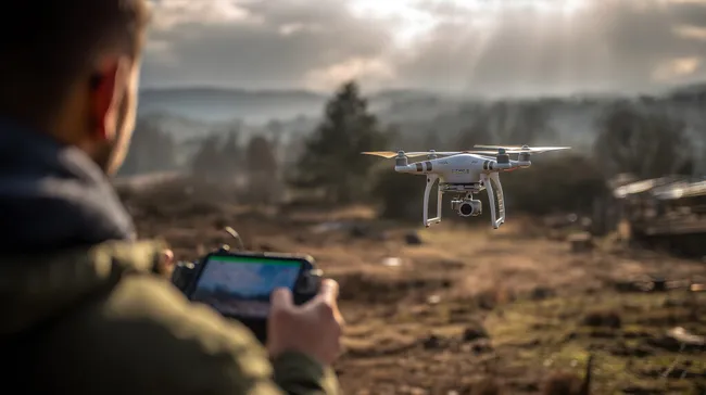 Mann steuert Drohne mit Smartphone in bergiger Landschaft