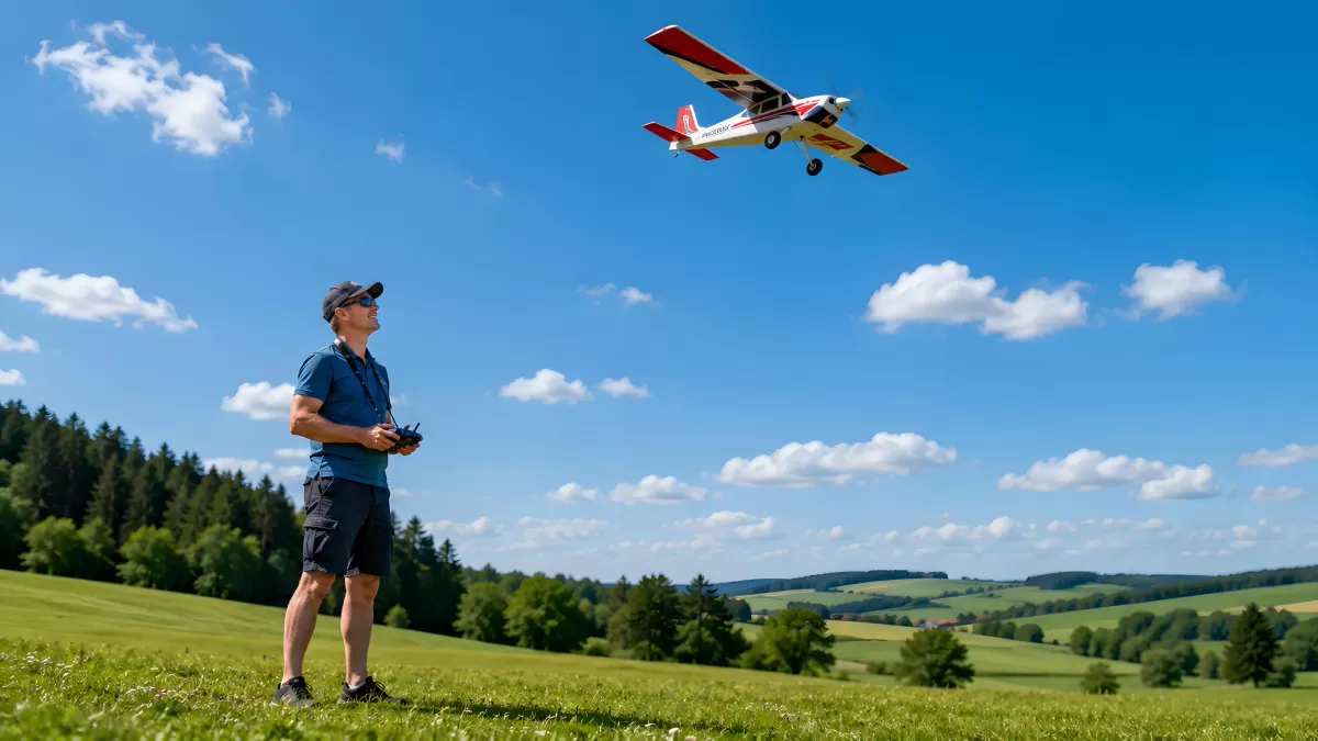 Mann steuert RC-Flugzeug über grüne Sommerwiese