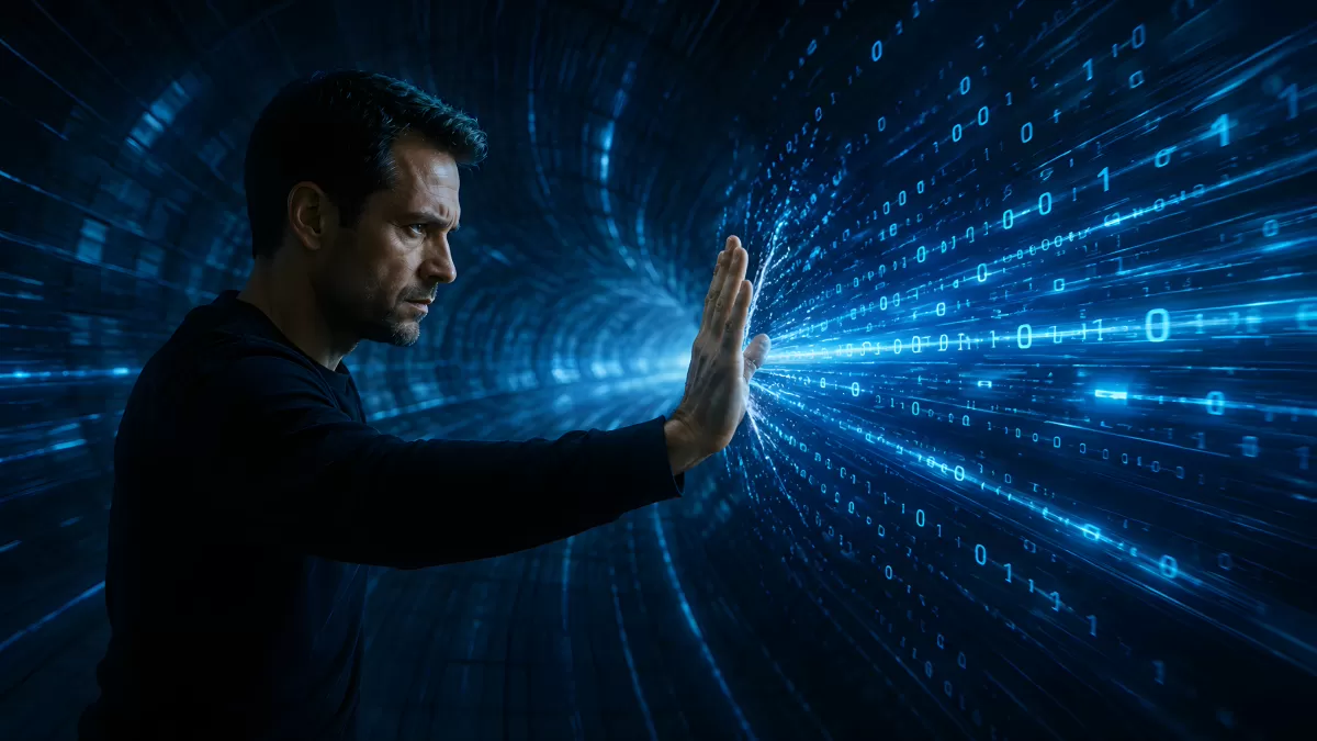 Mann stoppt digitalen Datenstrom mit erhobener Hand