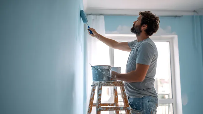 Mann streicht Wand in modernem Wohnzimmer blau