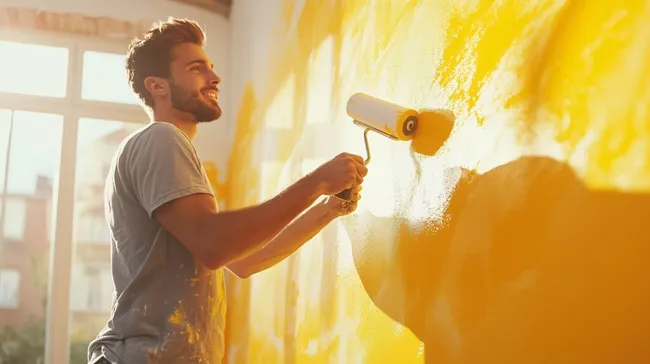 Mann streicht Wand mit gelber Farbe in sonnigem Raum