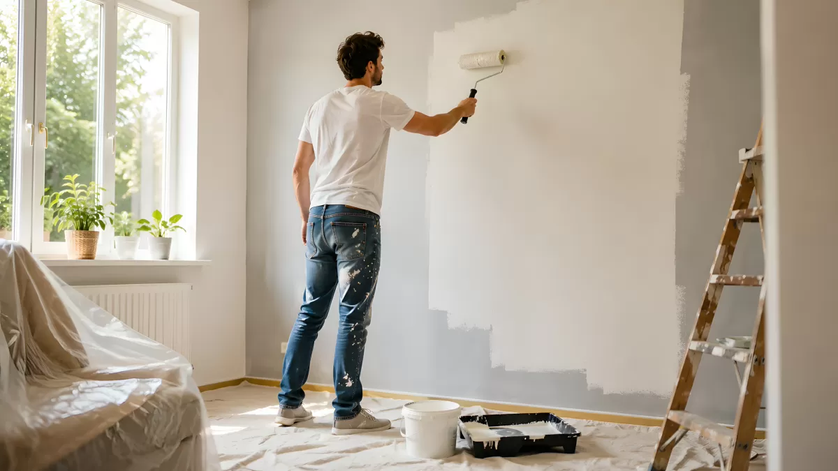 Mann streicht Wohnzimmerwand mit Rolle weiß