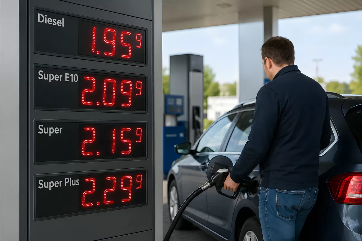 Mann tankt Auto an Tankstelle mit Preisanzeige