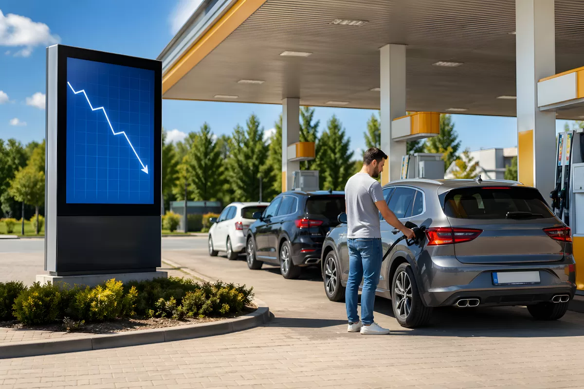 Mann tankt Auto bei sinkenden Benzinpreisen