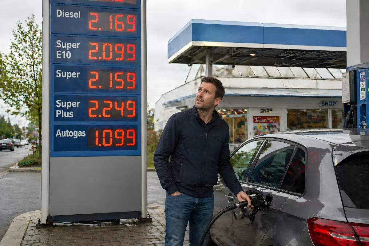 Mann tankt Auto und blickt auf hohe Benzinpreise