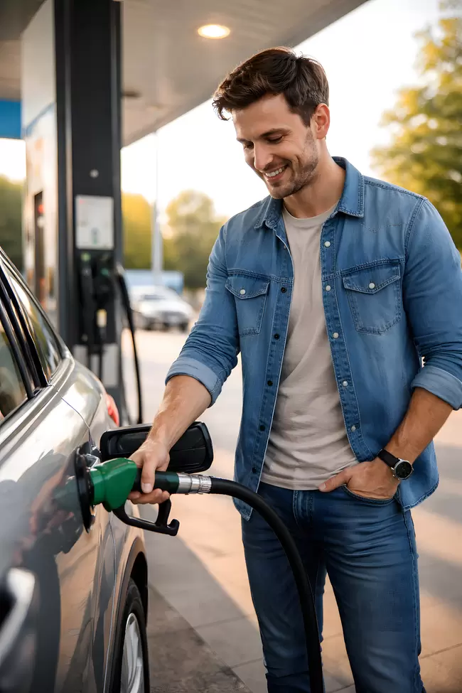 Mann tankt Benzin - Moderner, städtischer Lifestyle