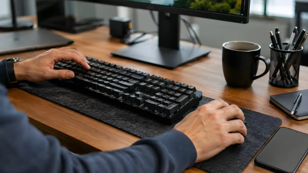 Mann tippt an schwarzer Tastatur am Holzschreibtisch