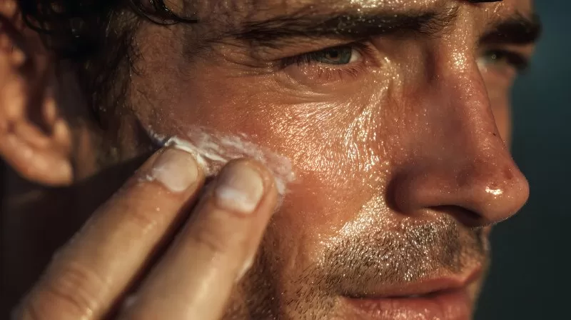 Mann trägt Gesichtscreme im Badezimmer auf