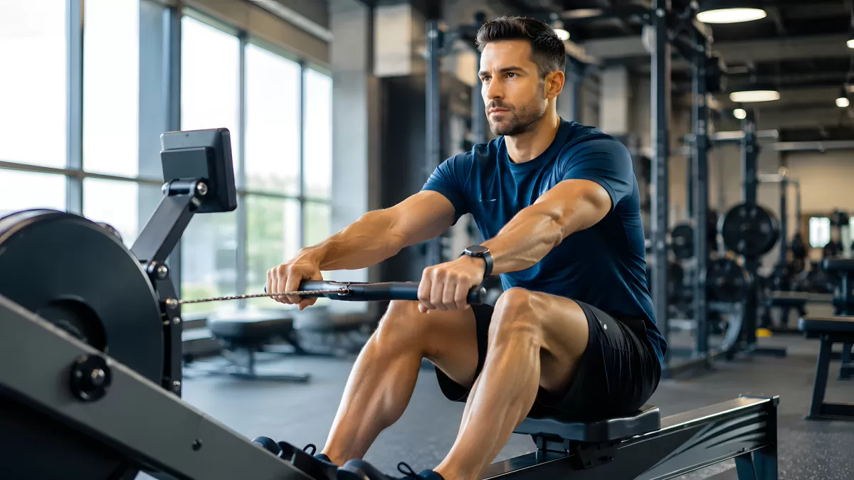 Mann trainiert auf Rudergerät im modernen Fitnessstudio