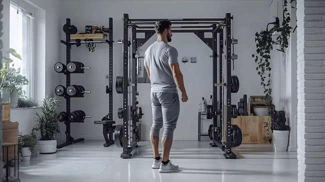 Mann trainiert im minimalistischen Home-Gym mit Hanteln