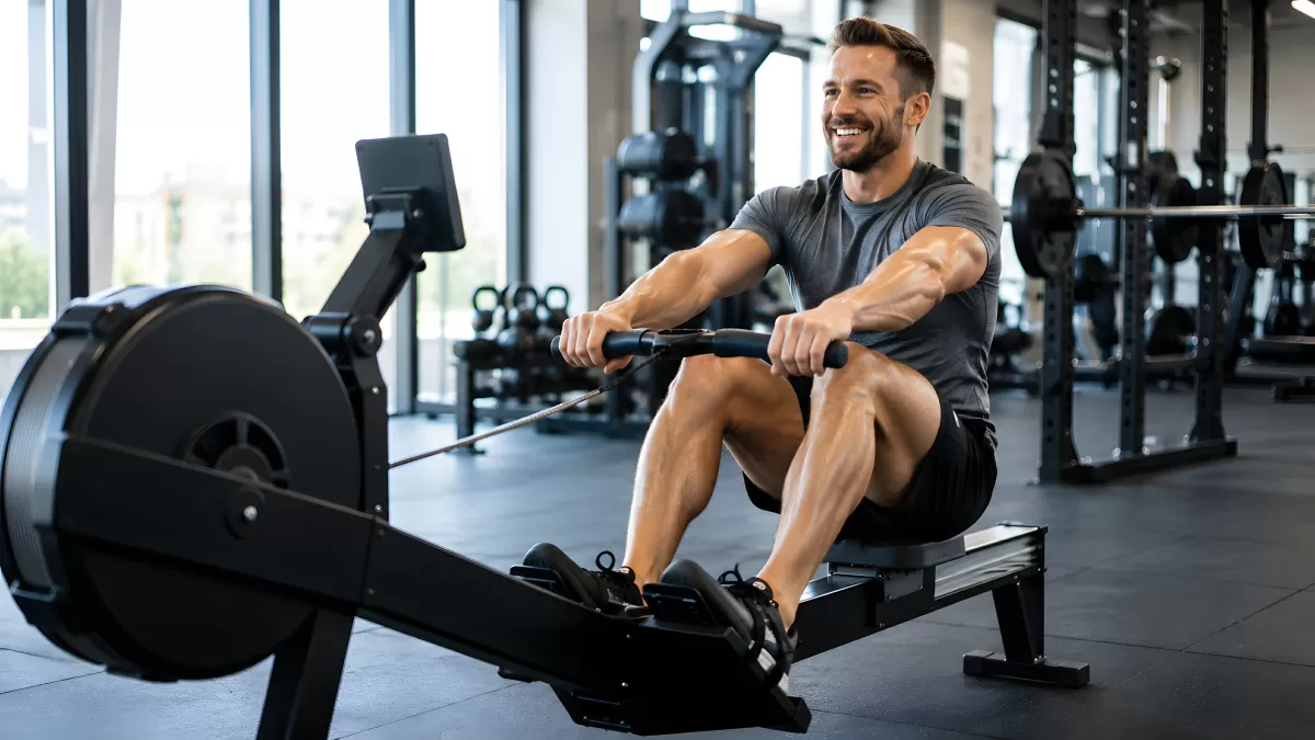 Mann trainiert lächelnd auf Rudergerät im Fitnessstudio