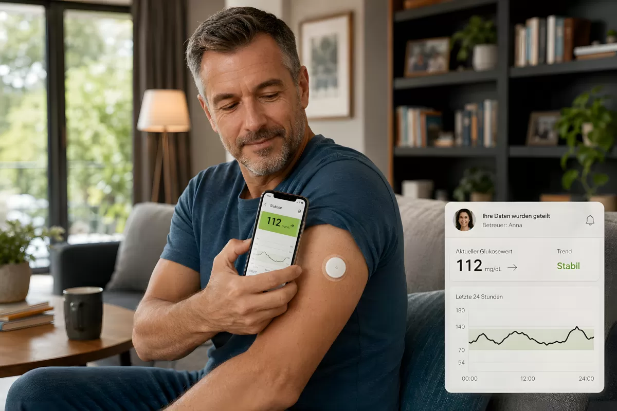 Mann überwacht Blutzucker mit CGM-Sensor und Smartphone