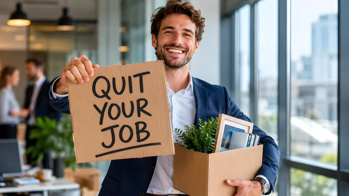 Mann verlässt lachend sein Büro mit Schild Kündigung