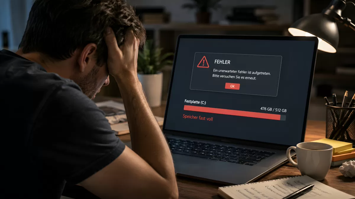 Mann verzweifelt vor Laptop mit Fehlermeldung