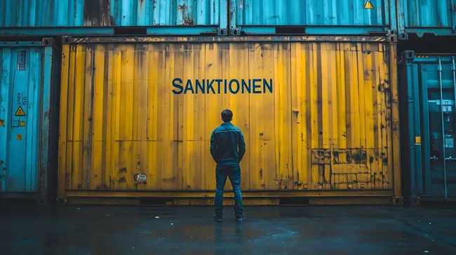 Mann vor Containerwand mit Aufschrift 'Sanktionen'