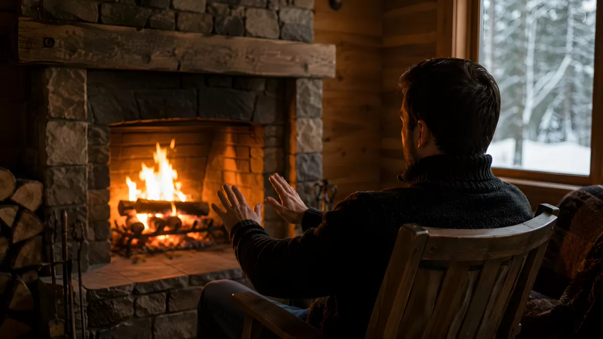 Mann wärmt Hände am Kamin in Holzhütte im Winter