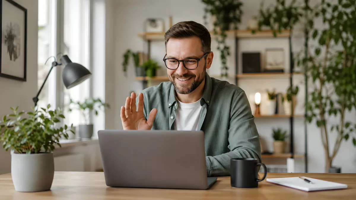Mann winkt lächelnd bei Videokonferenz im Homeoffice