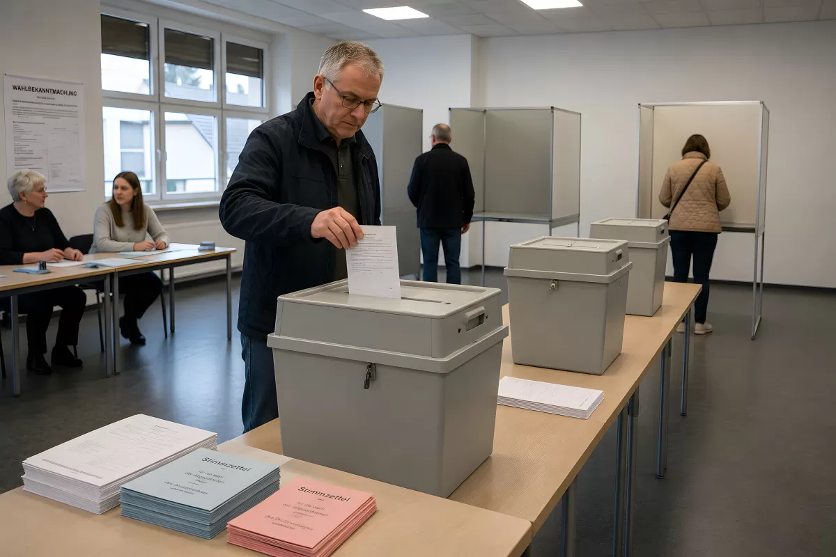 Mann wirft Stimmzettel in Wahlurne im Wahllokal